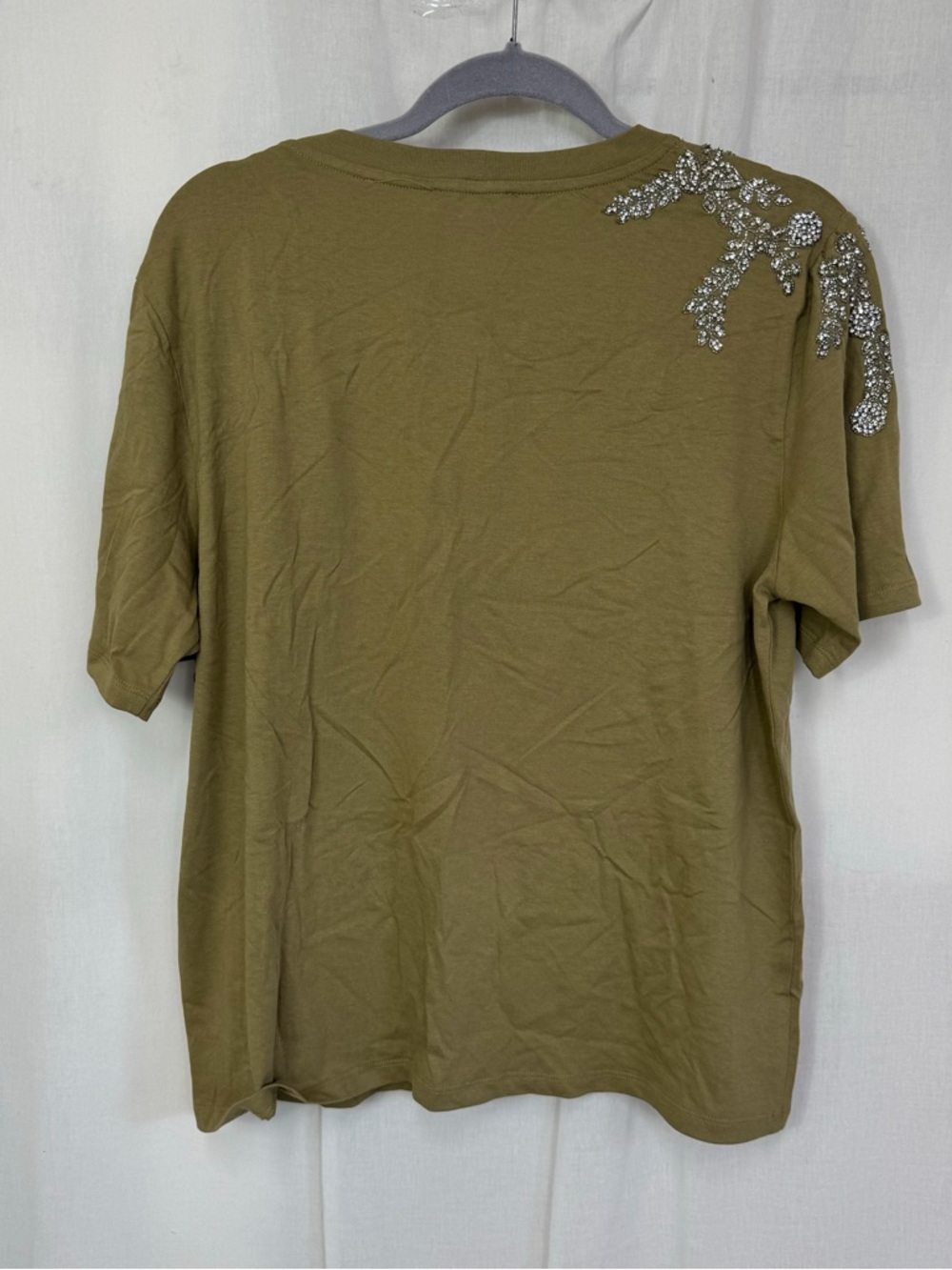 NEW Sandro Olive Green Rhinestone Embellished T-Shirt Size 4 US XL - Picture 6 of 11